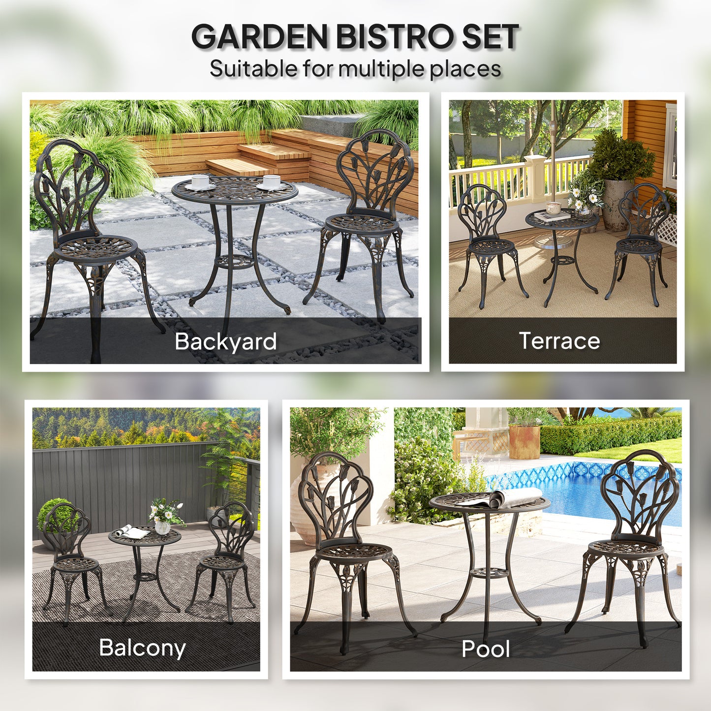 3 Piece Bistro Set, Aluminium Garden Furniture with Umbrella Hole