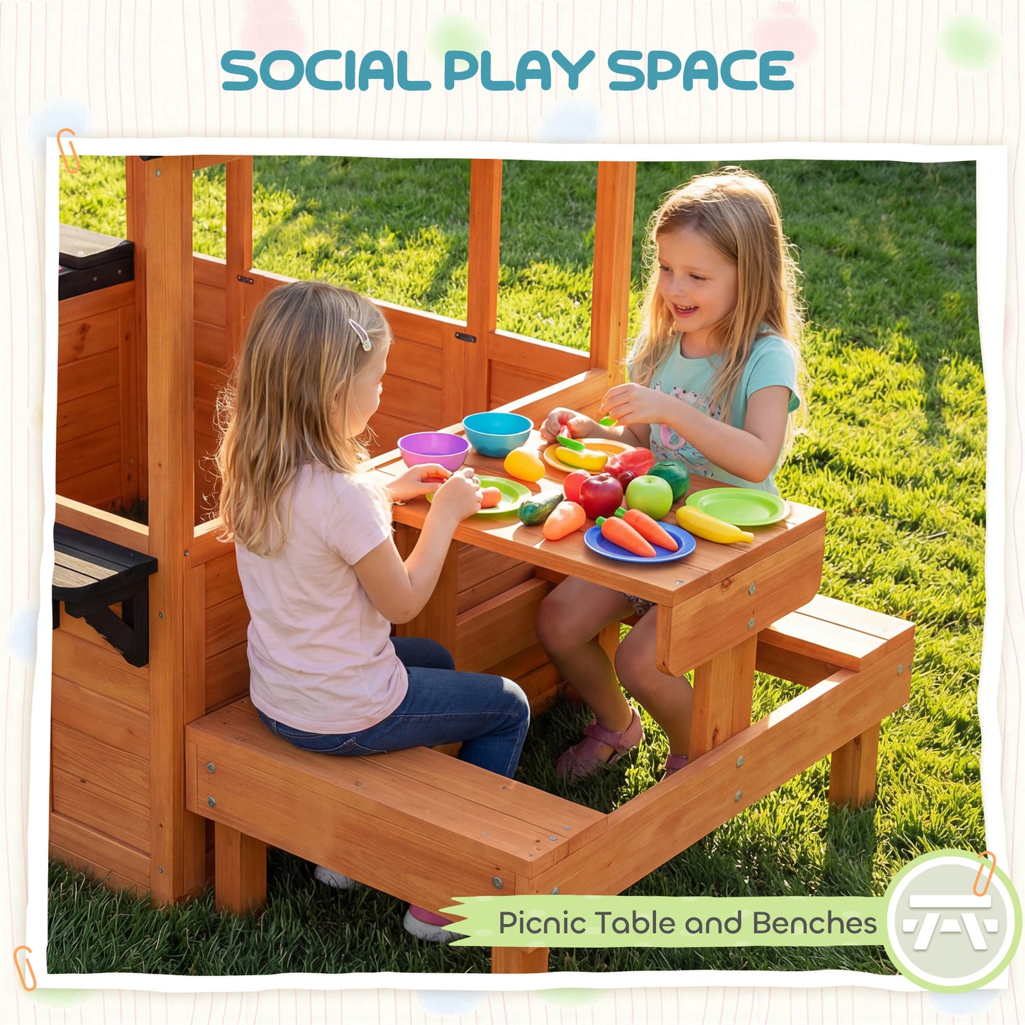Wooden Playhouse for Kids with Table and Benches for Age 3-8, Brown
