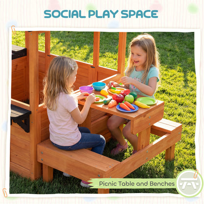Wooden Playhouse for Kids with Table and Benches for Age 3-8, Brown