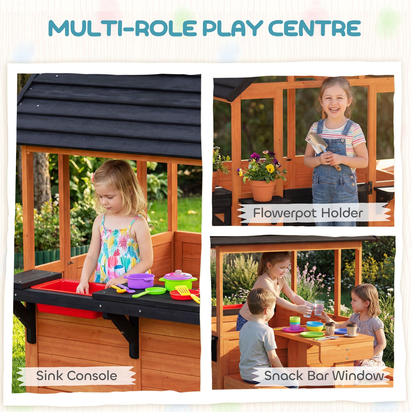 Wooden Playhouse for Kids with Table and Benches for Age 3-8, Brown