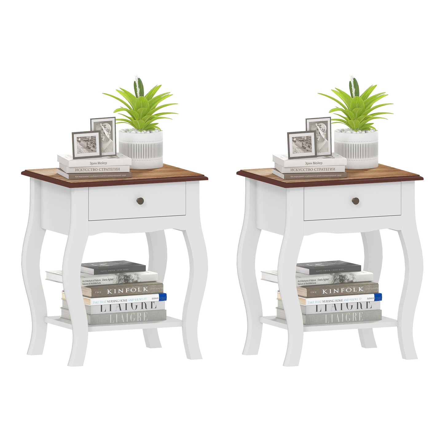Bedside Tables Set of 2, Bedside Cabinets with Drawer, Shelf, White