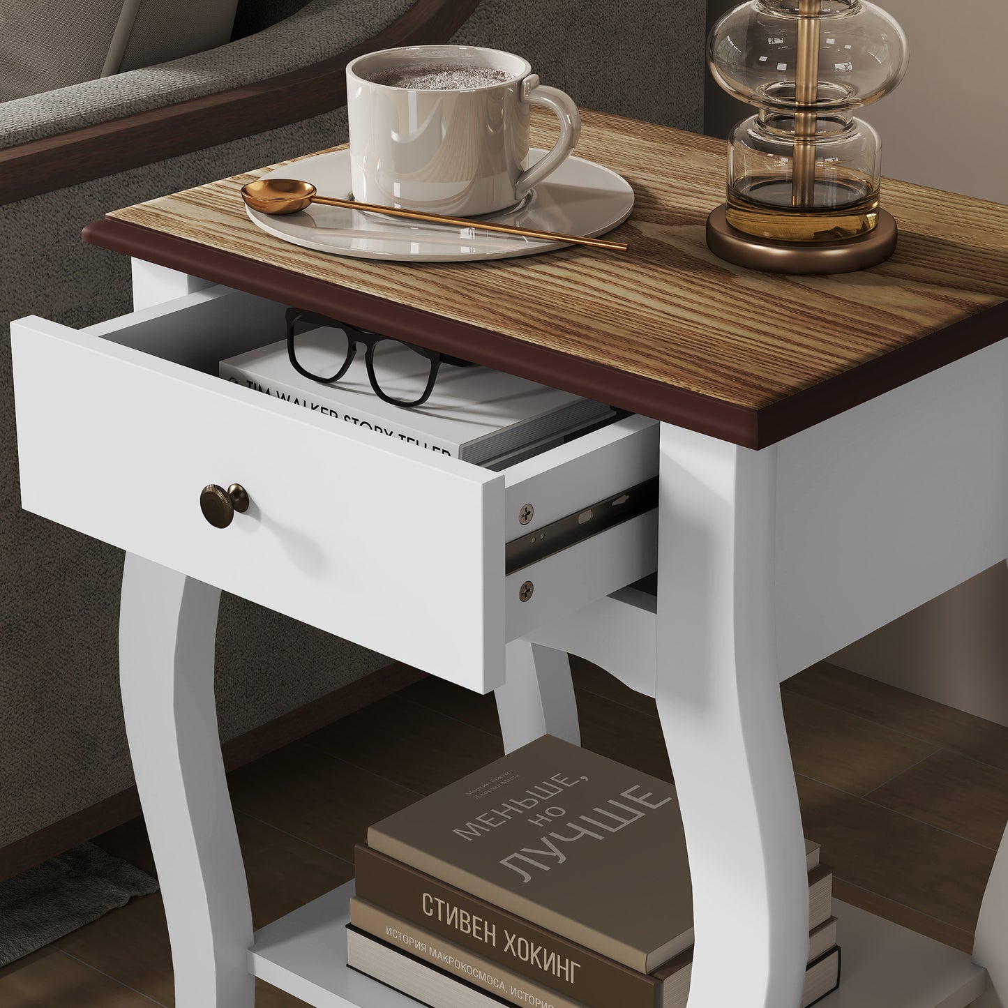 Bedside Tables Set of 2, Bedside Cabinets with Drawer, Shelf, White