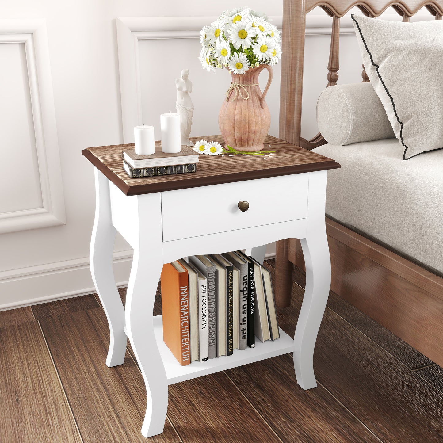 Bedside Tables Set of 2, Bedside Cabinets with Drawer, Shelf, White
