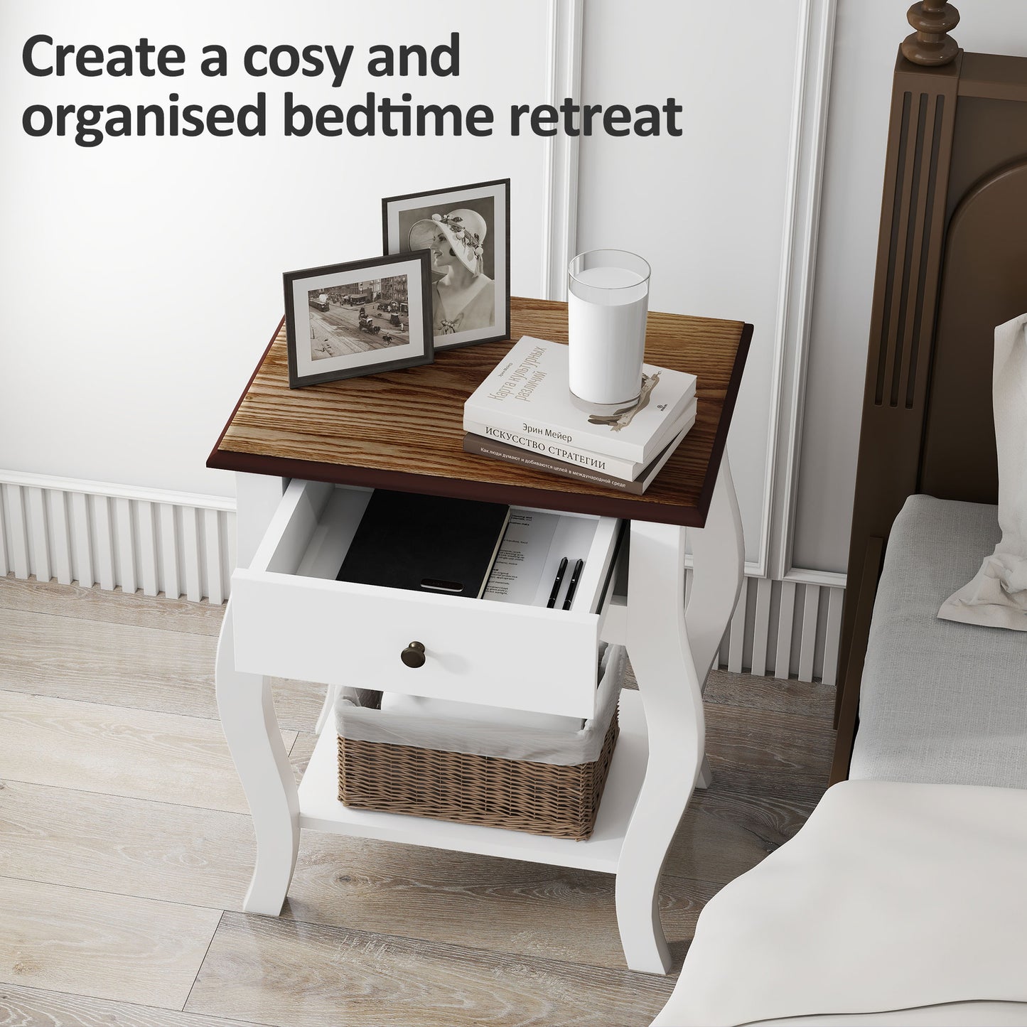 Bedside Tables Set of 2, Bedside Cabinets with Drawer, Shelf, White