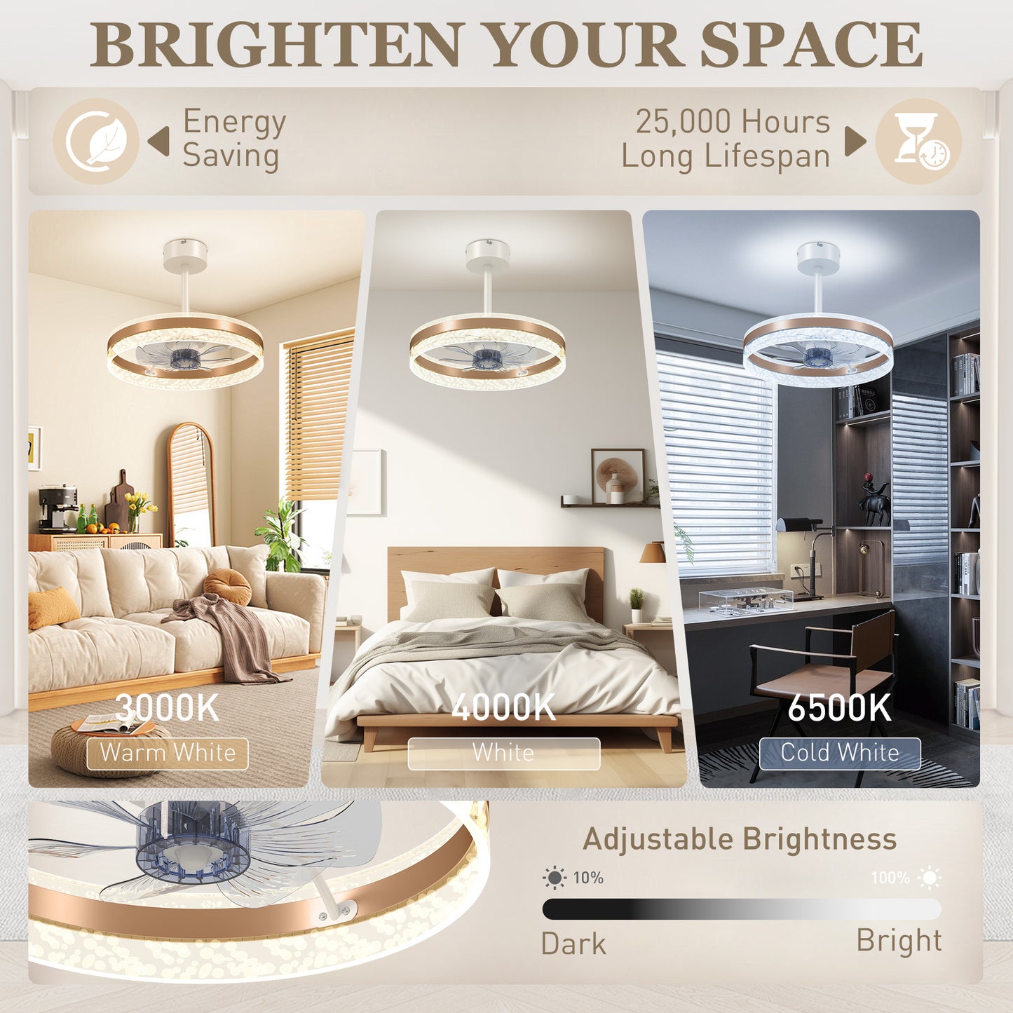 Ceiling Fan Light with 3 Colour, Timer, Reversible, Remote, Gold