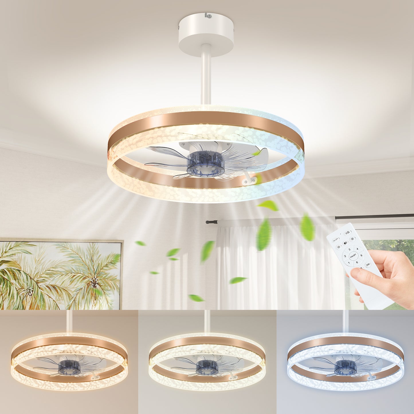 Ceiling Fan Light with 3 Colour, Timer, Reversible, Remote, Gold