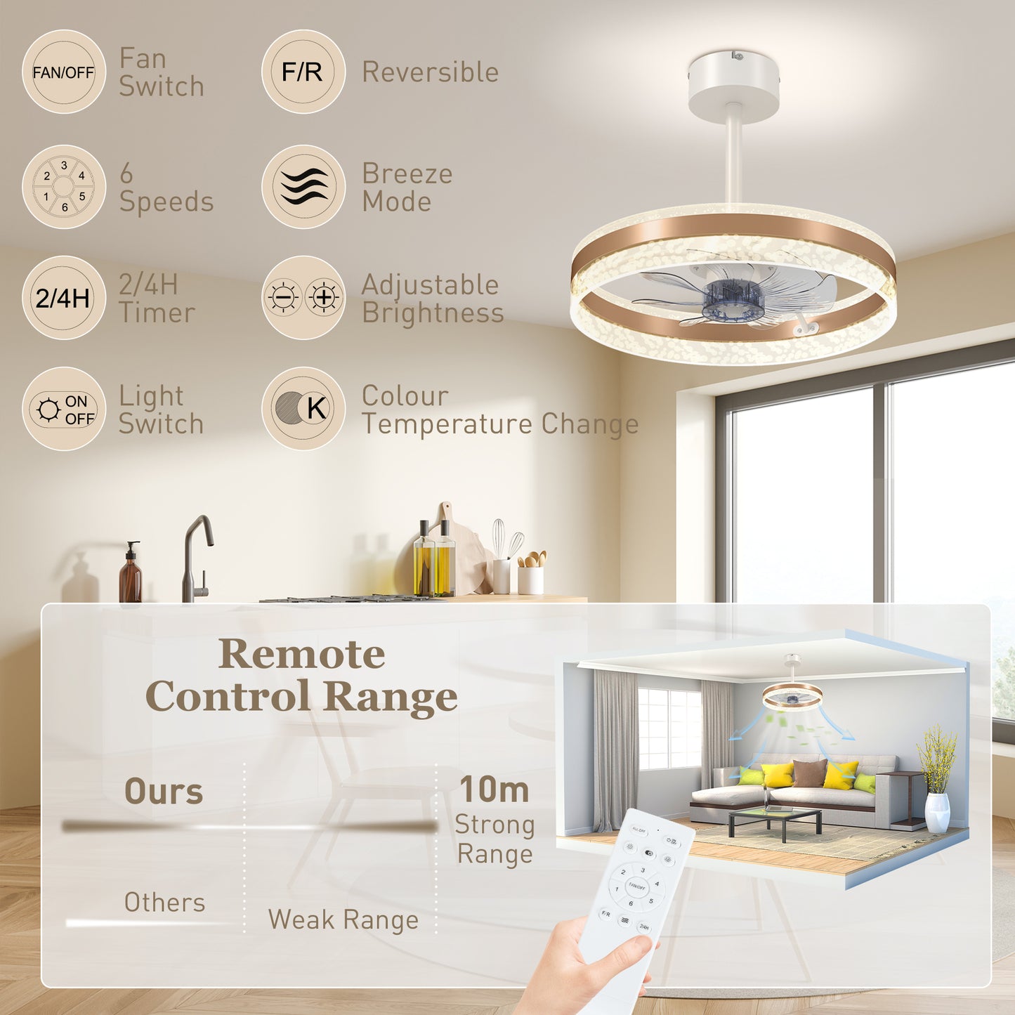 Ceiling Fan Light with 3 Colour, Timer, Reversible, Remote, Gold