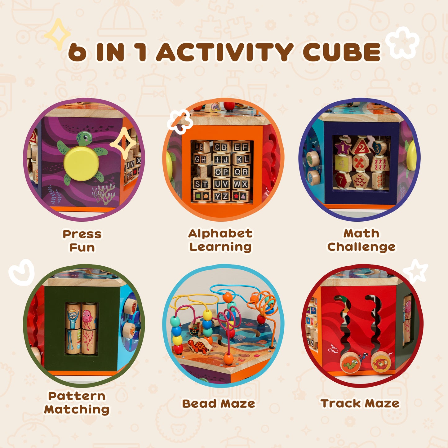 Wooden Activity Cube for Toddlers 18+ Months with Bead Maze