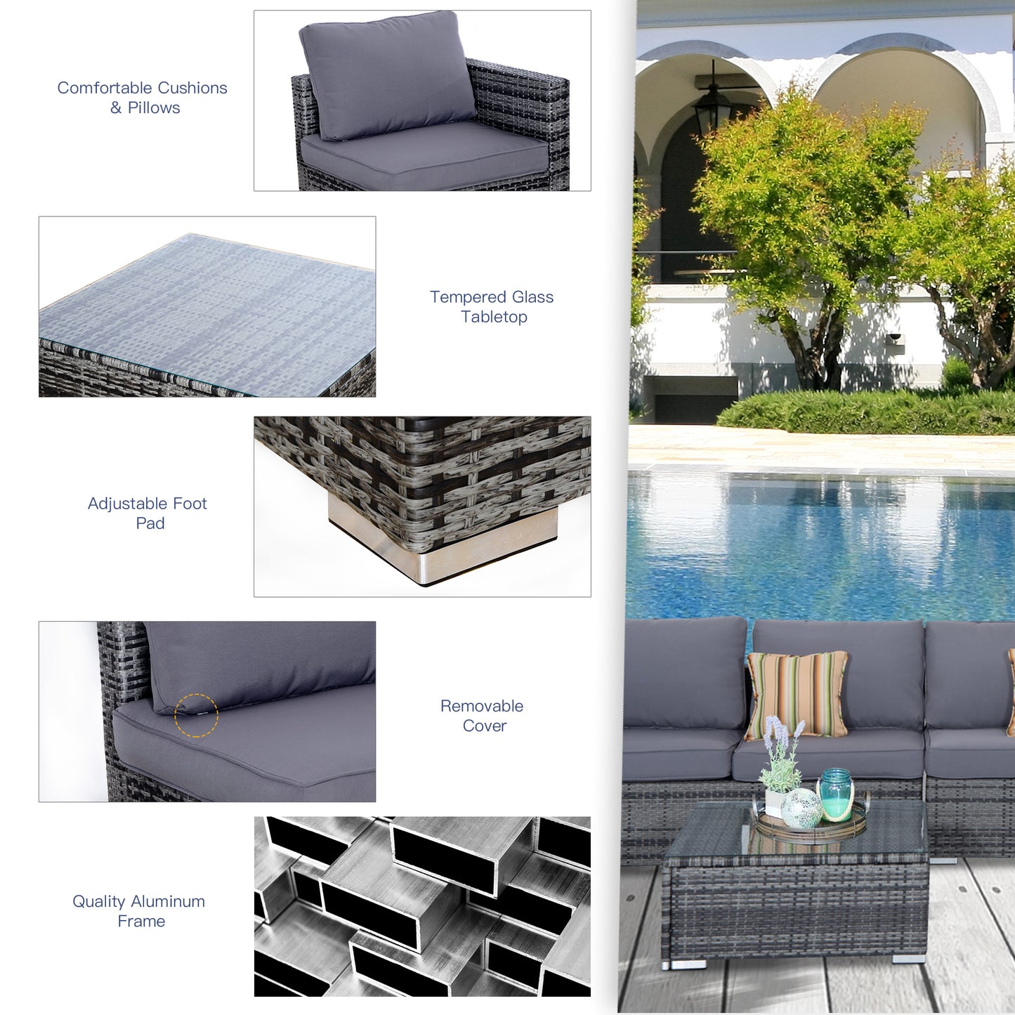 4 Pieces Rattan Furniture Set Sofa Chair Coffee Table Wicker Grey