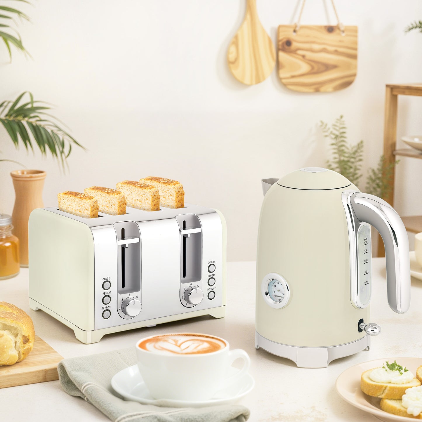 3000W 1.7L Kettle with Retro Thermometer, 4 Slice Toaster Set, Grey