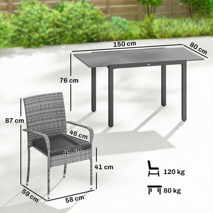 7 Piece Rattan Garden Furniture Set, 6 Seater Garden Table and 6 Stackable Chairs with Extendable Acacia Wood Tabletop, All-Weather Outdoor Furniture with Cushions for Patio, Light Grey