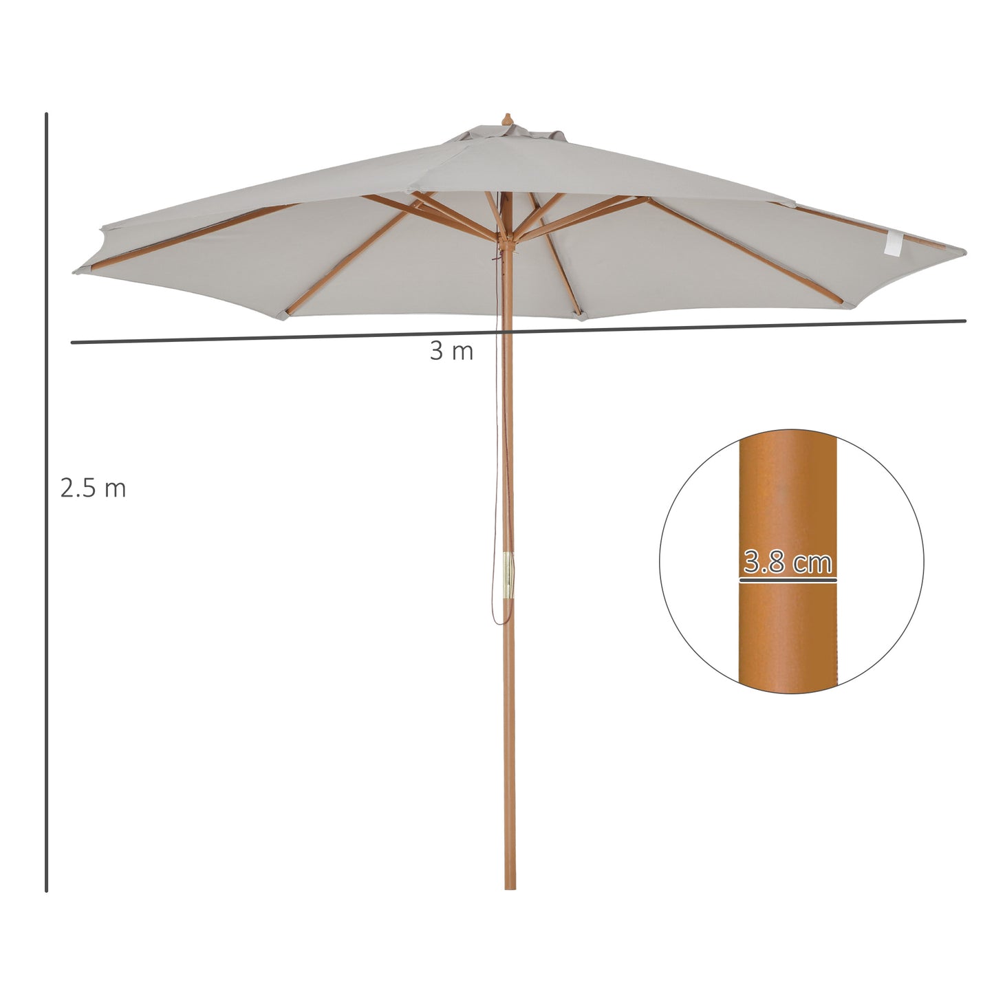 3(m) Wooden Garden Parasol Sun Shade Outdoor Umbrella Canopy Grey