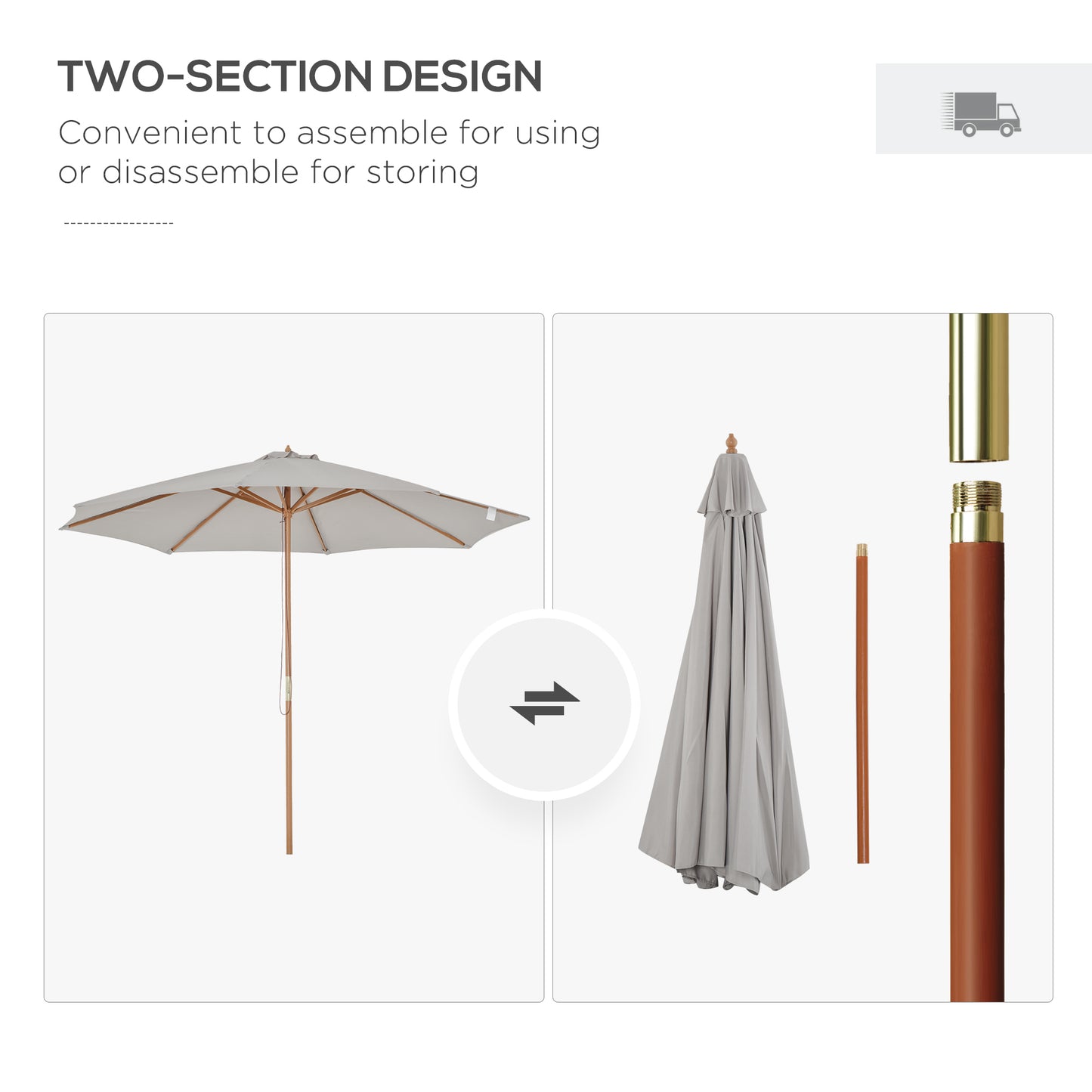 3(m) Wooden Garden Parasol Sun Shade Outdoor Umbrella Canopy Grey