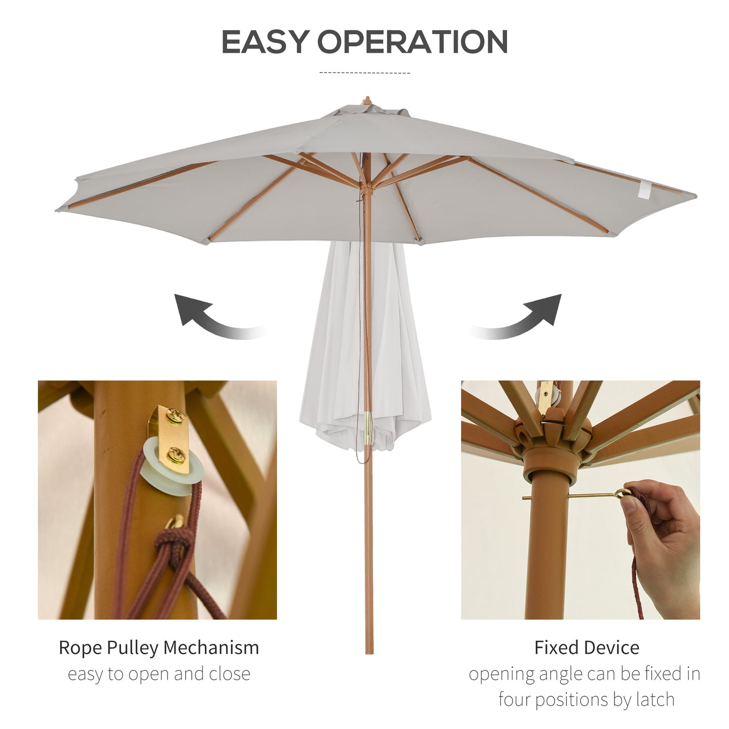 3(m) Wooden Garden Parasol Sun Shade Outdoor Umbrella Canopy Grey