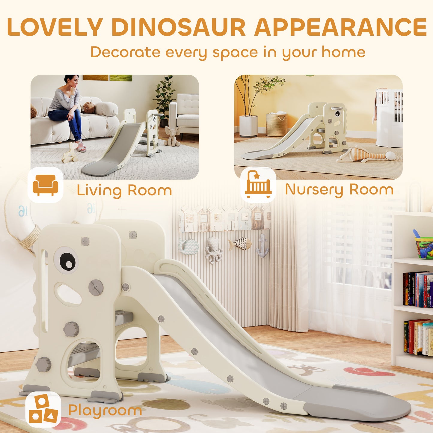 Foldable Kids Slide with Climber, Basketball Hoop, Cream White
