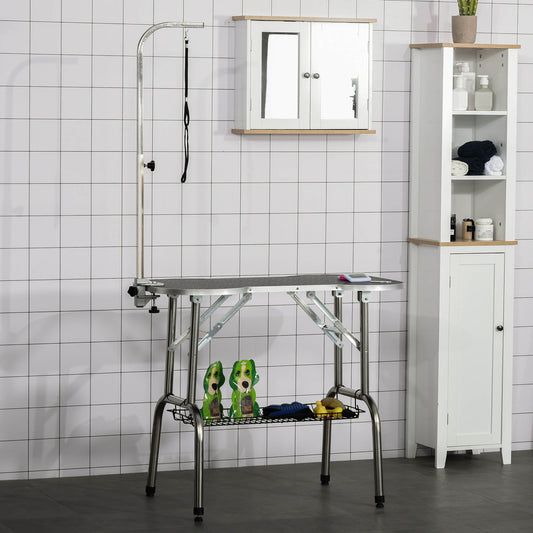 Foldable Dog Grooming Table Pet Drying Table with Adjustable Arm Non-Slip Rubber Tabletop Aluminium Alloy Edge Stainless Steel Bar Sling 94.5 x 55 x 81cm Black