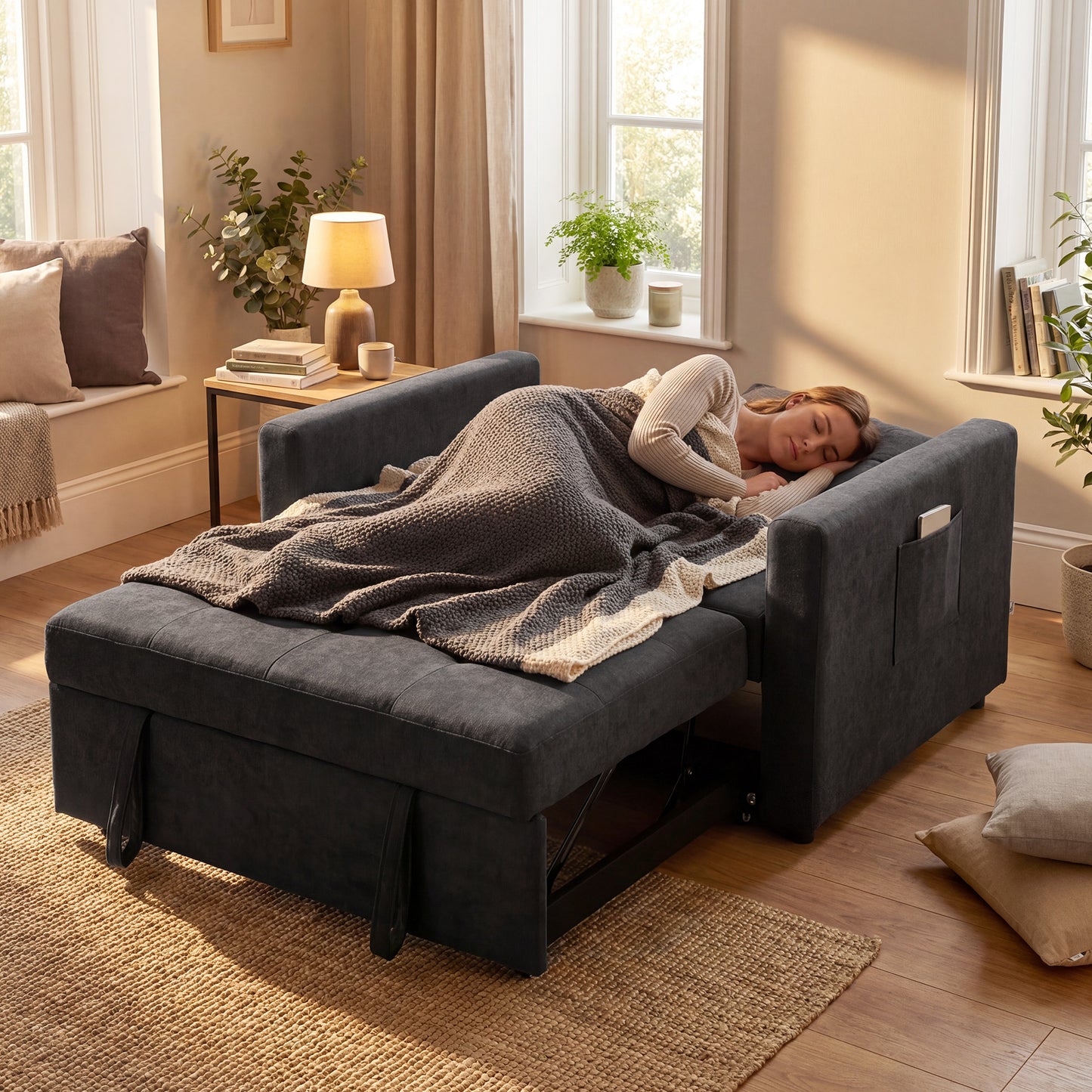 2 Seater Sofa Bed Convertible Bed Settee with Pillows, Black