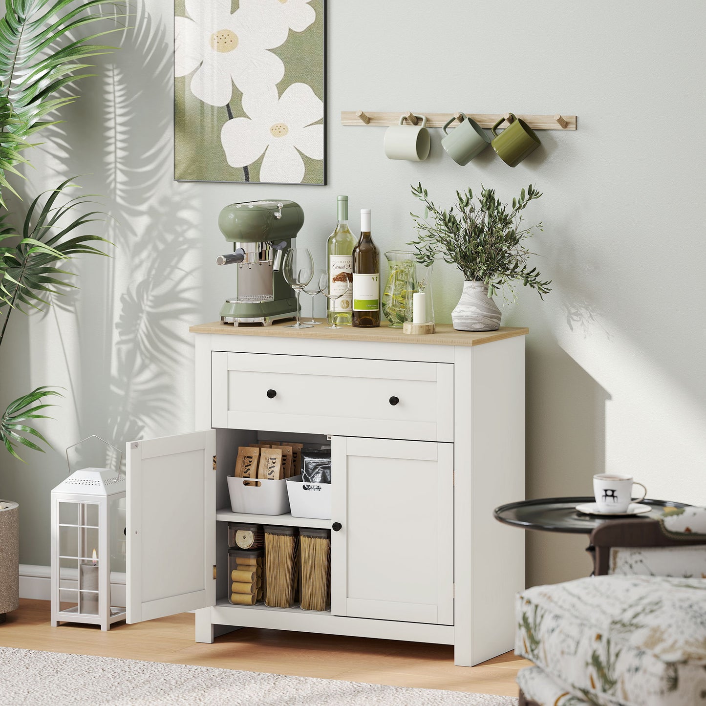 Sideboard, Kitchen Storage Cabinet w/ Adjustable Shelf, Drawer, Cream