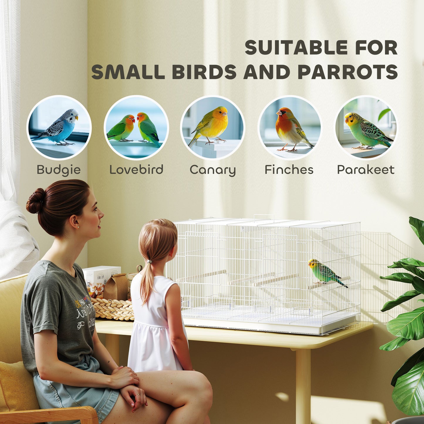 Bird Cage with Divider, 4 Wooden Perches, Slide Out Tray, White