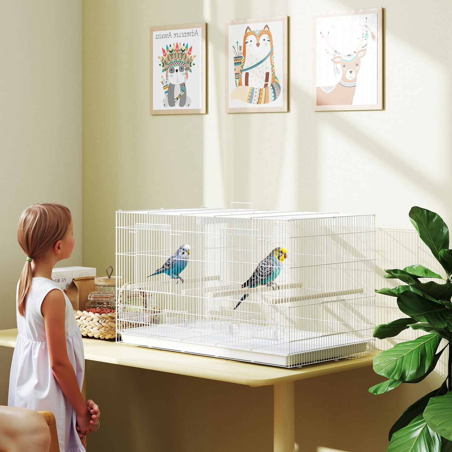 Bird Cage with Divider, 4 Wooden Perches, Slide Out Tray, White