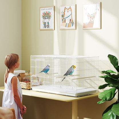 Bird Cage with Divider, 4 Wooden Perches, Slide Out Tray, White