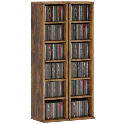 Set of 2 CD Storage Units with Adjustable Shelves, Rustic Brown