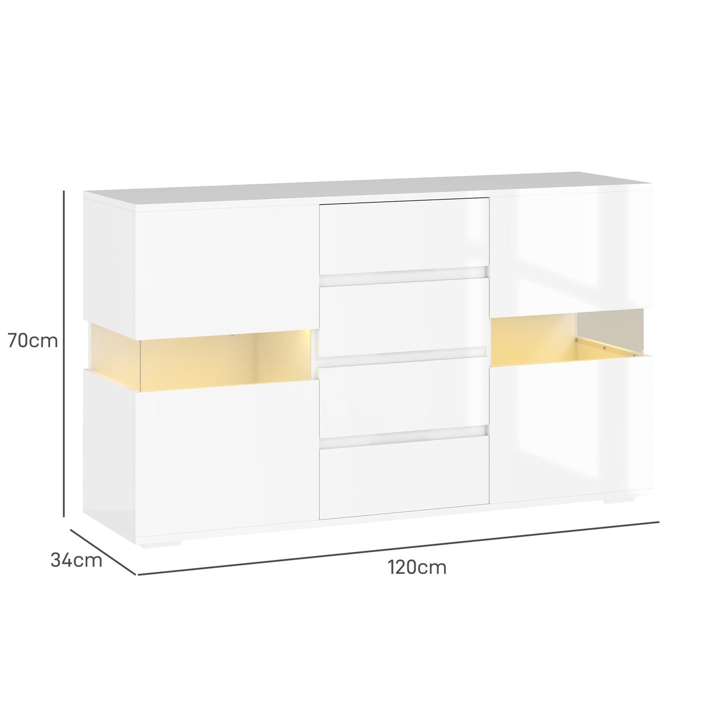 LED Sideboard, High Gloss Storage Cabinet with 4 Drawers, White
