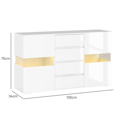 LED Sideboard, High Gloss Storage Cabinet with 4 Drawers, White