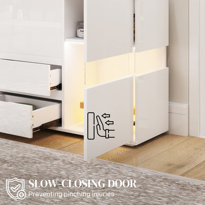 LED Sideboard, High Gloss Storage Cabinet with 4 Drawers, White