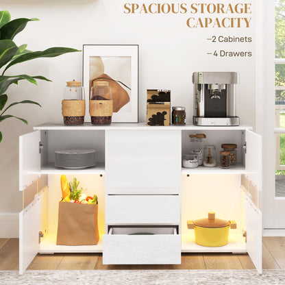 LED Sideboard, High Gloss Storage Cabinet with 4 Drawers, White