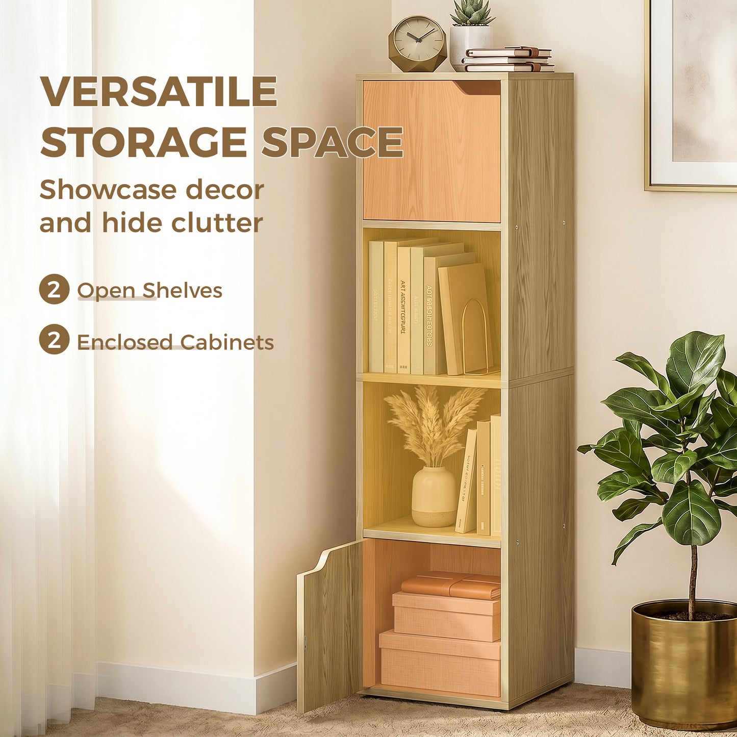 Bookcase with 2 Cabinets and Doors, 4-Tier Bookshelf, Storage Cabinet with Open Shelves and Anti-Tipping Design, for Living Room, Bedroom, Home Office, Oak