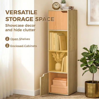 Bookcase with 2 Cabinets and Doors, 4-Tier Bookshelf, Storage Cabinet with Open Shelves and Anti-Tipping Design, for Living Room, Bedroom, Home Office, Oak