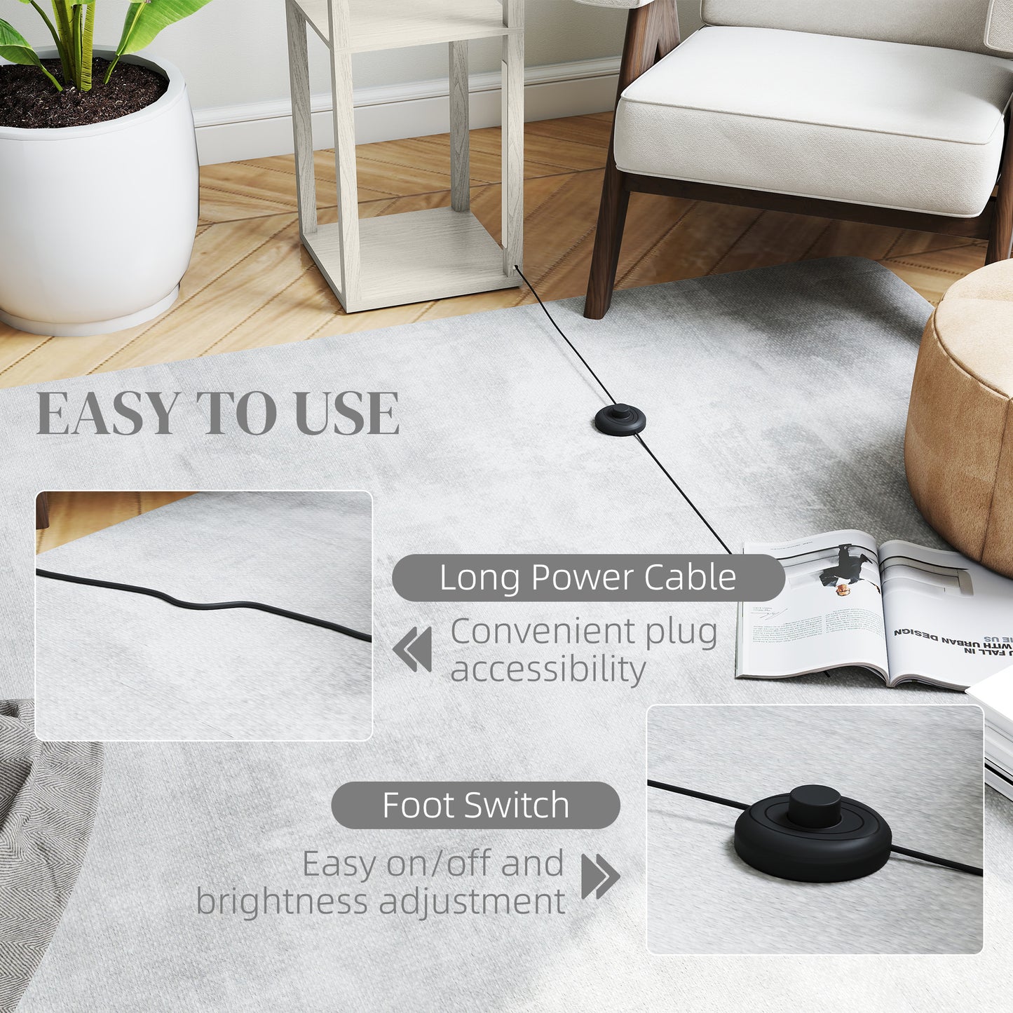 Floor Lamp for Living Room, Standing Lamp with Foot Switch, Oak