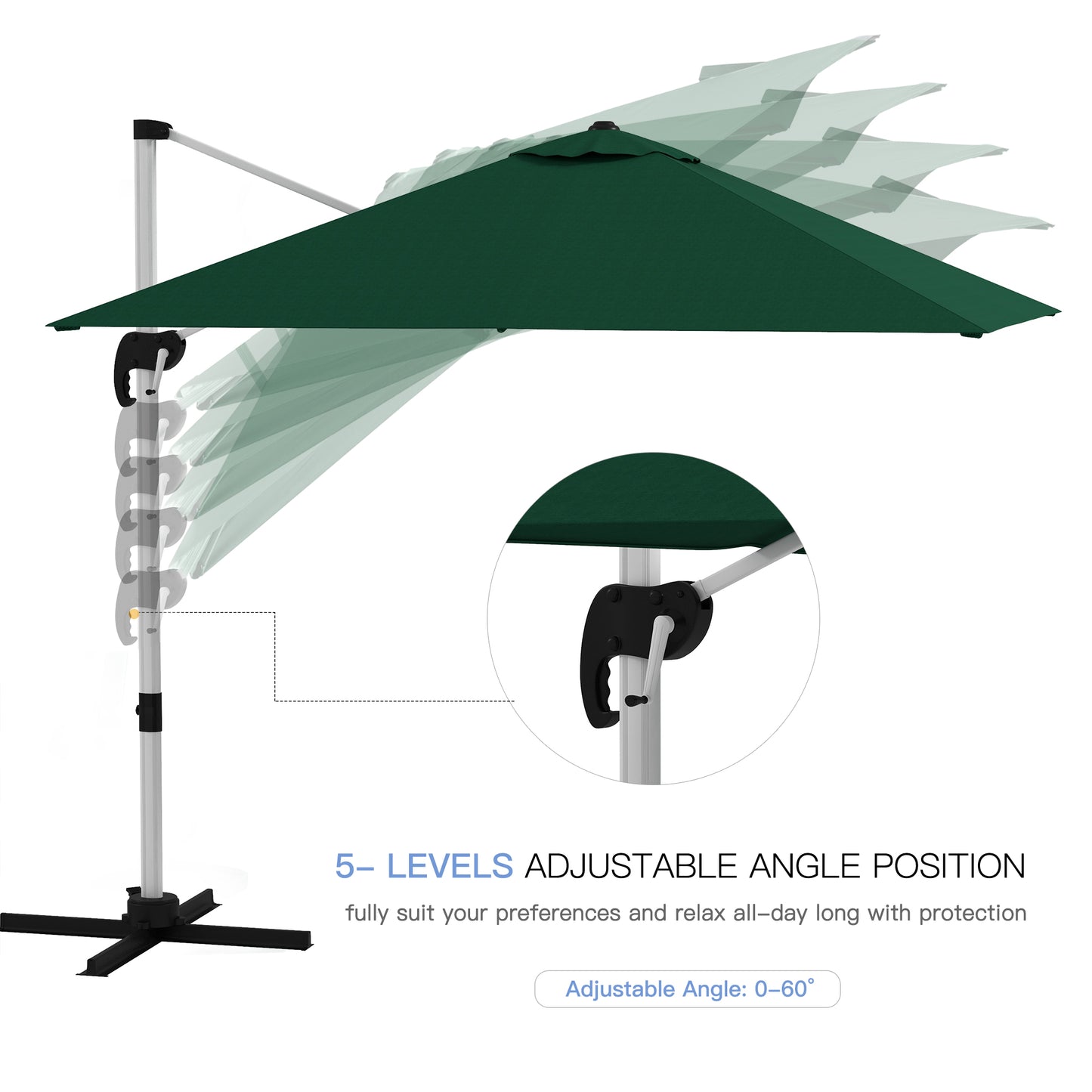 3 x 3(m) Square Cantilever Parasol with Cross Base, Crank Handle, Tilt, 360¬∞ Rotation and Aluminium Frame, Green