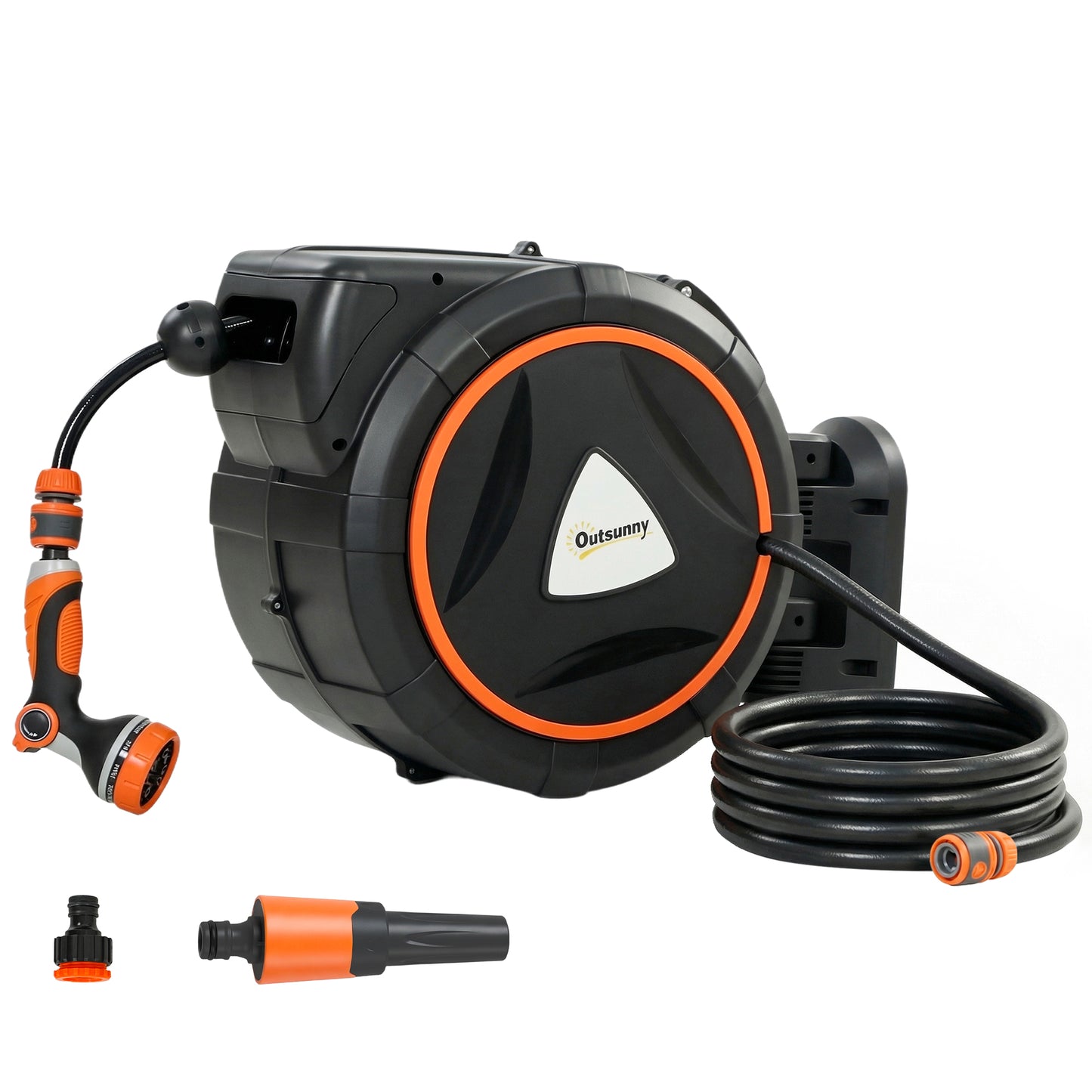 Retractable Hose Reel Wall Mounted, 23+2m Garden Hose Pipe Reel with Auto Retraction, Self-Locking, Slow Return System, 180° Swivel Bracket, 12-Pattern Nozzles and Faucet Adaptor, Orange