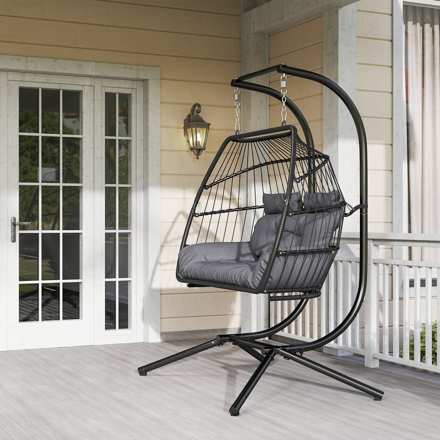 Rattan Double Hanging Egg Chair with Stand, Cushion, Dark Grey