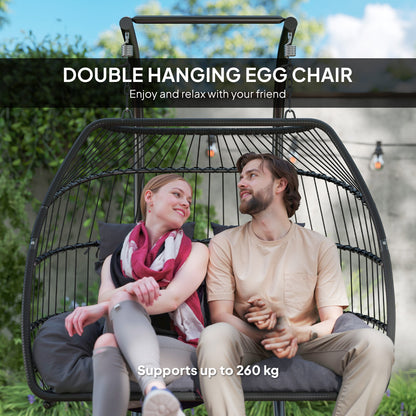 Rattan Double Hanging Egg Chair with Stand, Cushion, Dark Grey