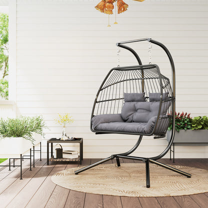 Rattan Double Hanging Egg Chair with Stand, Cushion, Dark Grey