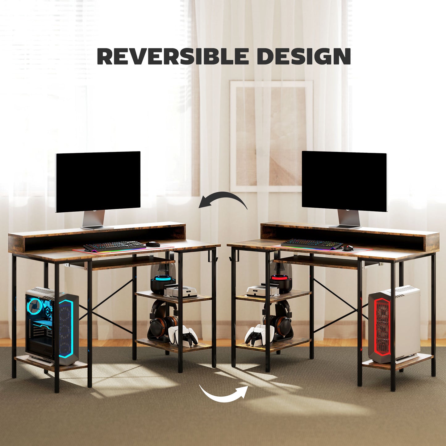 Gaming Desk with Monitor Stand and Sliding Keyboard Tray Rustic Brown