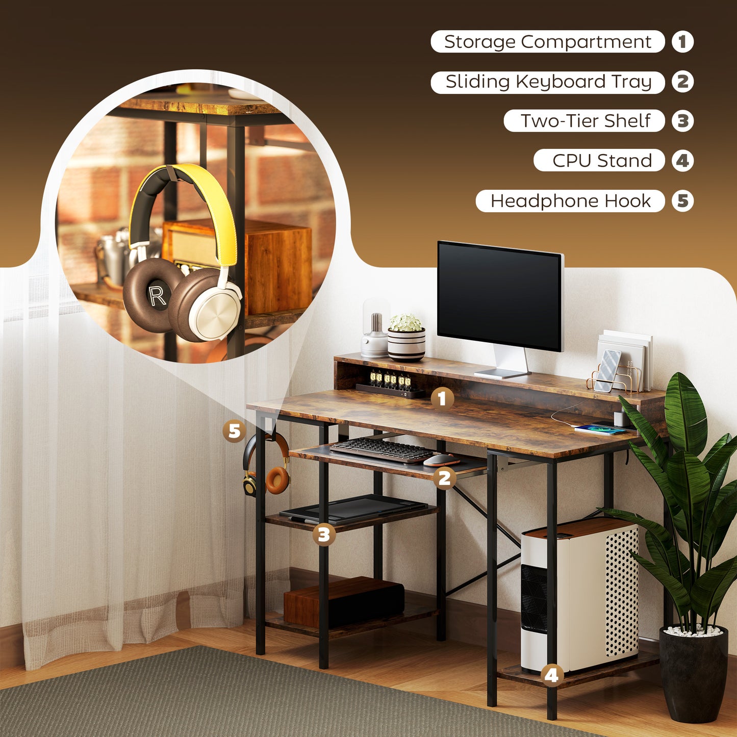 Gaming Desk with Monitor Stand and Sliding Keyboard Tray Rustic Brown
