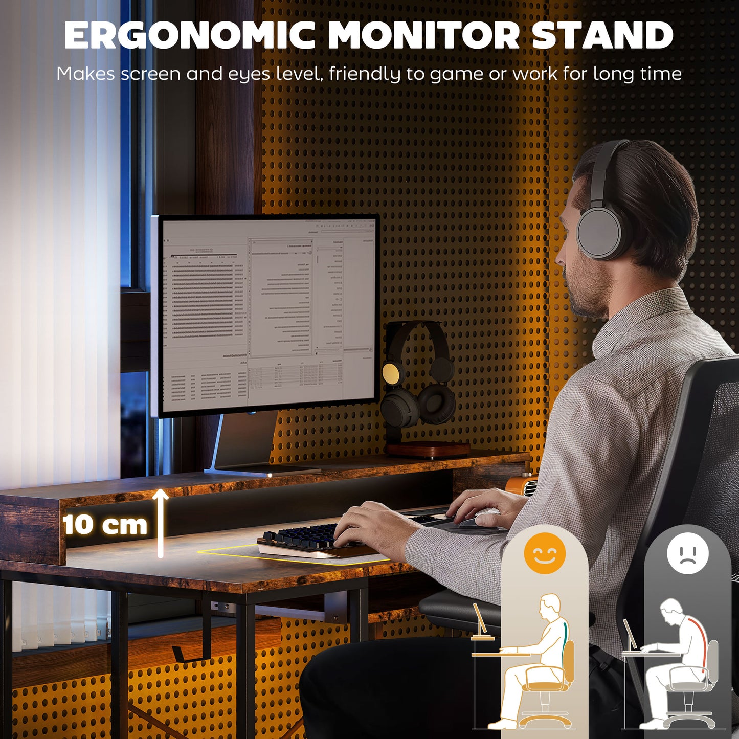 Gaming Desk with Monitor Stand and Sliding Keyboard Tray Rustic Brown
