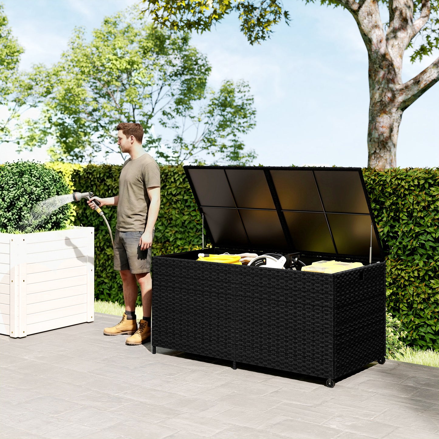 650L Garden Storage Box with Wheels, Waterproof Liner, Black