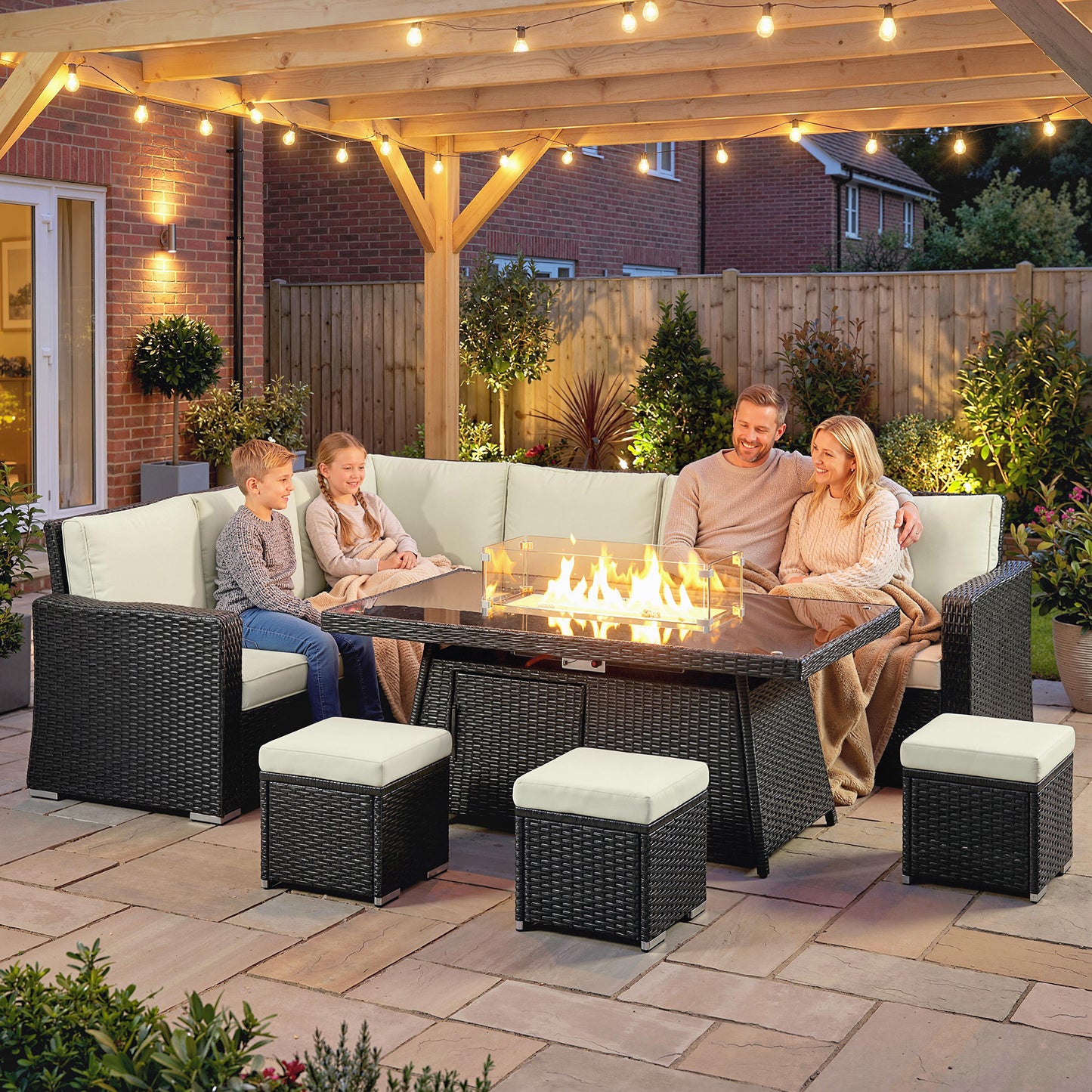 7 Pieces Rattan Garden Furniture Set w/ 50,000 BTU Fire Pit Table Black
