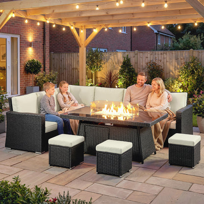 7 Pieces Rattan Garden Furniture Set w/ 50,000 BTU Fire Pit Table Black