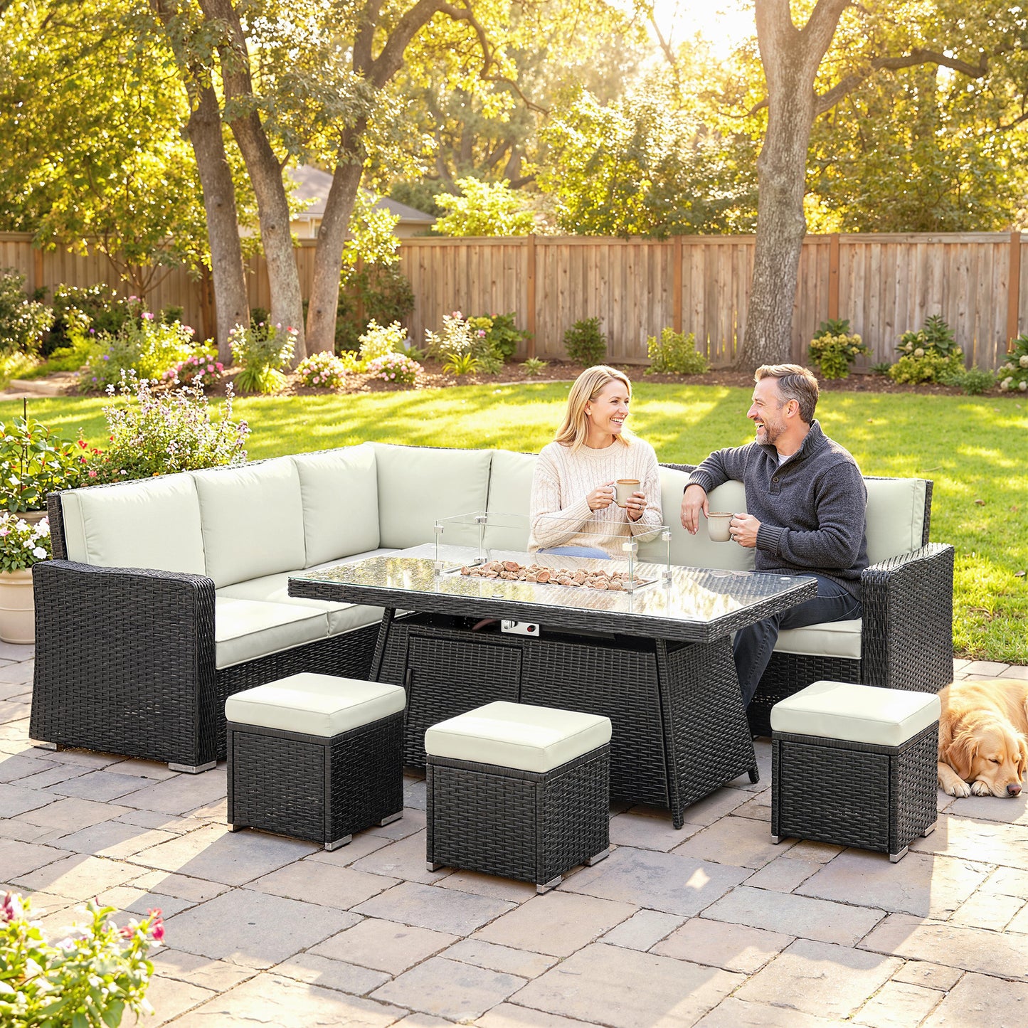 7 Pieces Rattan Garden Furniture Set w/ 50,000 BTU Fire Pit Table Black