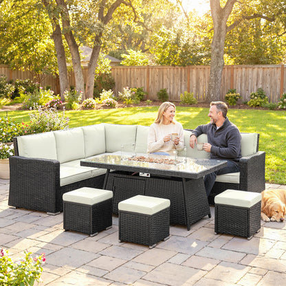 7 Pieces Rattan Garden Furniture Set w/ 50,000 BTU Fire Pit Table Black