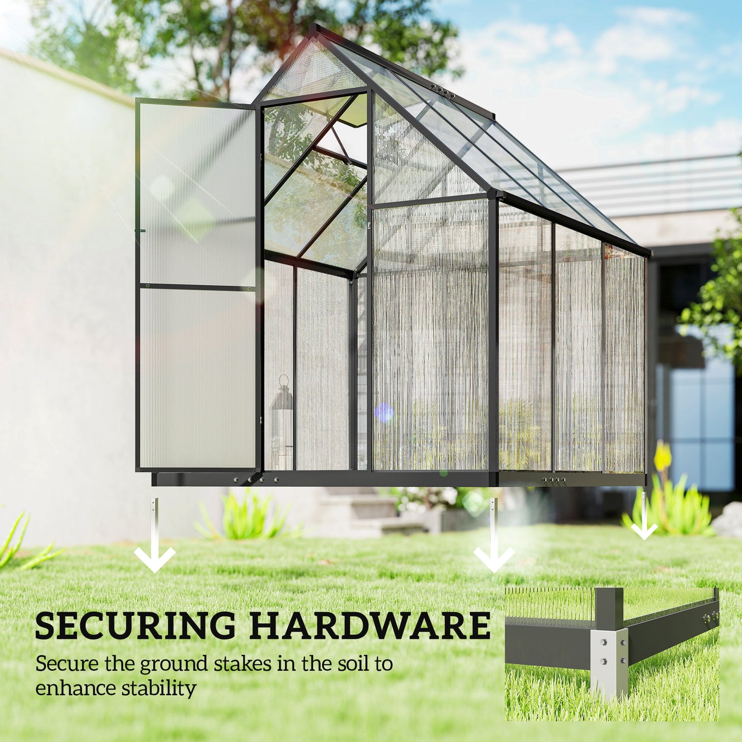 Polycarbonate Greenhouse Garden Green House with Rain Gutter, Black