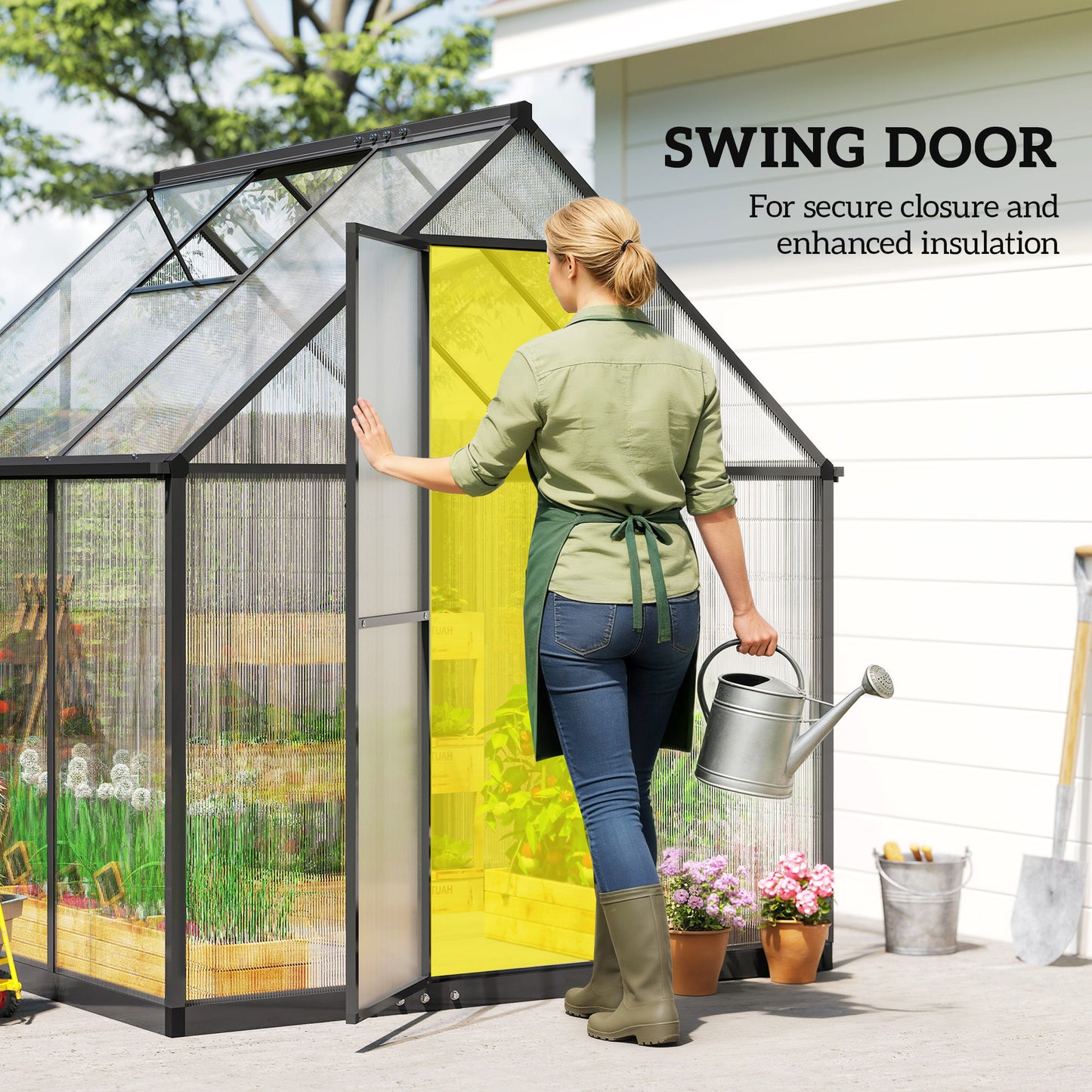 Polycarbonate Greenhouse Garden Green House with Rain Gutter, Black