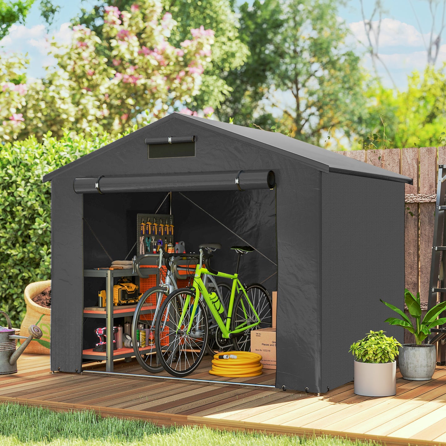 8 x 4 ft Garden Storage Shed with Roll-up Zipper Door, Dark Grey