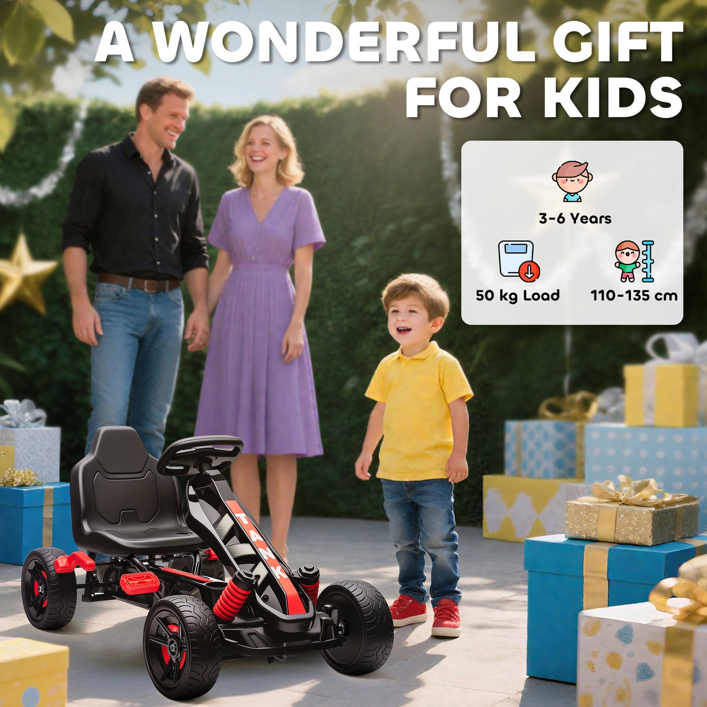 Pedal Go Kart with Automatic Clutch, for Ages 3-6 Years, Red